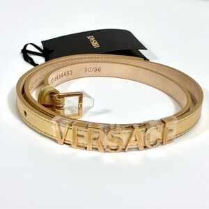 Versace Logo Metallic Leather Belt Gold 90 36 NWT